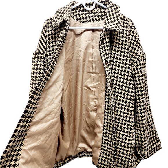 Houndstooth Button-Up Long Sleeve Coat Jacket 2XL Black & Beige - Picture 7 of 12